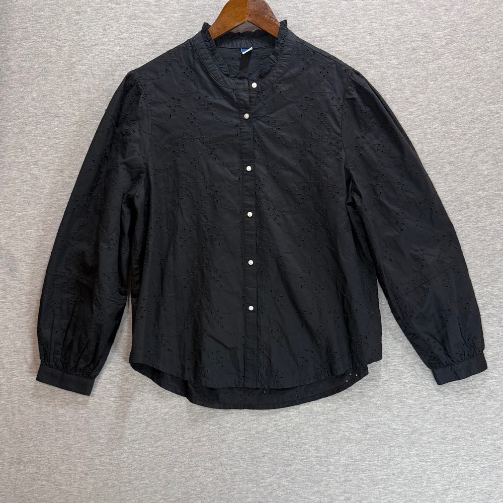 Old Navy Eyelet Top Womens M Black Ruffle Collar Button Down Boho Victorian